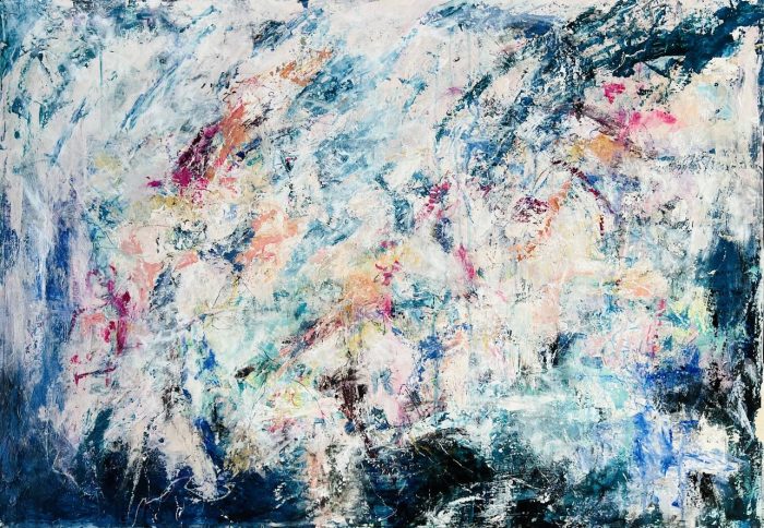 Let’s Run Away from This World – Large Abstract Painting with Acrylic, Oil Pastels, and Mixed Media on Cardboard