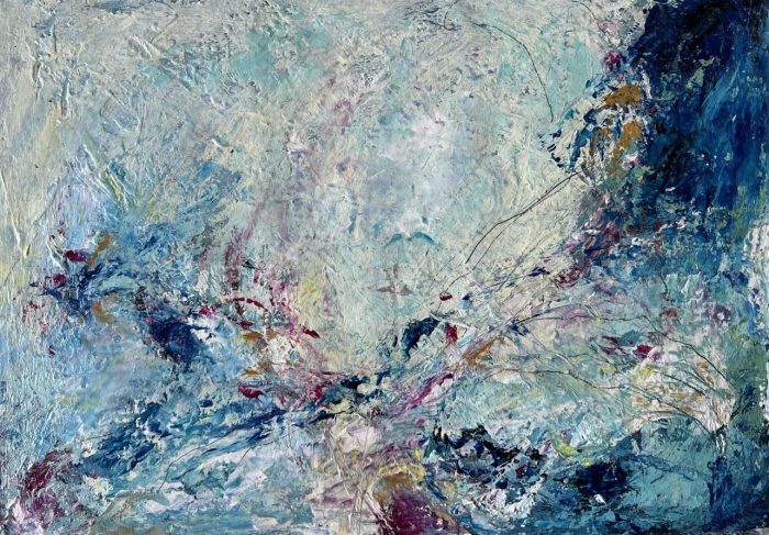 TThe Sky Is Always Blue - abstract painting on paper ,in blue with pink accents. Calm yet expressive, highly textured, it blends emotion with simplicity — a perfect balance for modern interiors. Worldwide shipping and easy returns. Frame required.