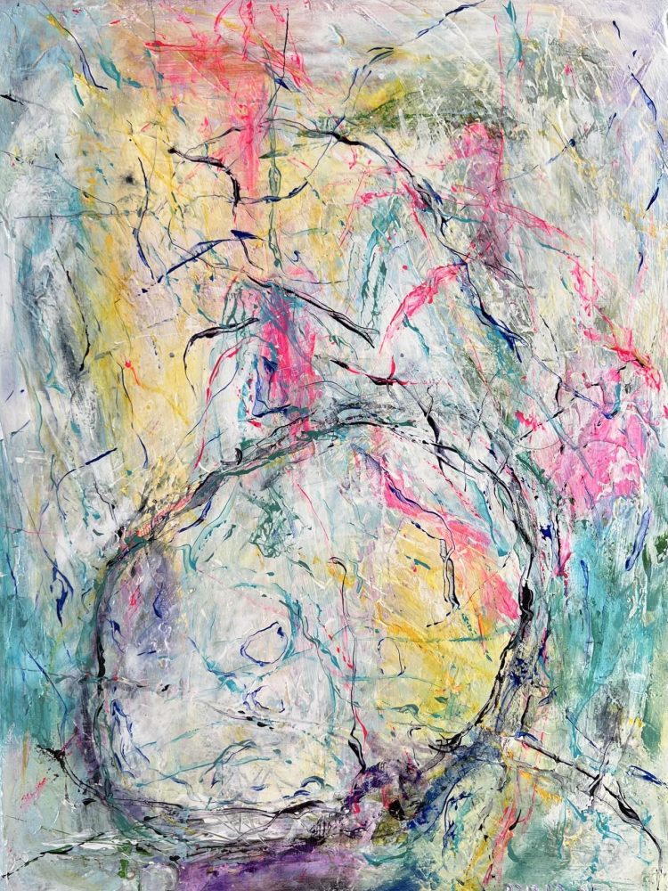 Original abstract acrylic painting LIGHT AND SHAPES 4, featuring bold strokes and layered textures in vibrant pink, yellow, turquoise, and purple tones on a light background. Mixed media on canvas, 40 x 30 cm, hand-signed, ready to hang.
