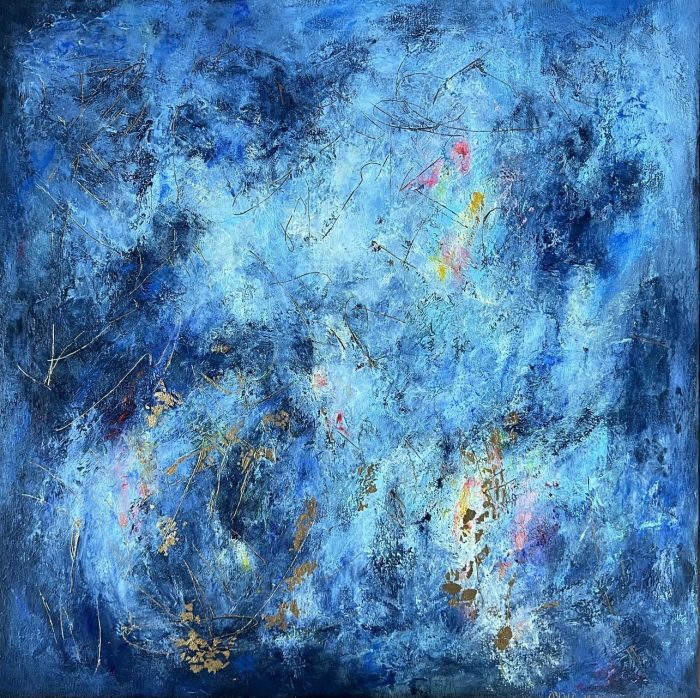 METAPHORS - THE NIGHT 1 A layered abstract painting in blue with yellow and pink accents. Calm yet expressive, it blends emotion with simplicity — a perfect balance for modern interiors. Worldwide shipping and easy returns. Ready to hang.
