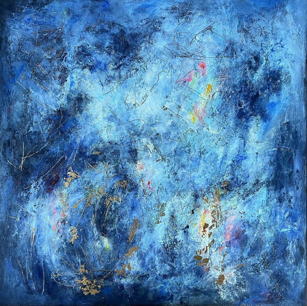 METAPHORS - THE NIGHT 1 A layered abstract painting in blue with yellow and pink accents. Calm yet expressive, it blends emotion with simplicity — a perfect balance for modern interiors. Worldwide shipping and easy returns. Ready to hang.