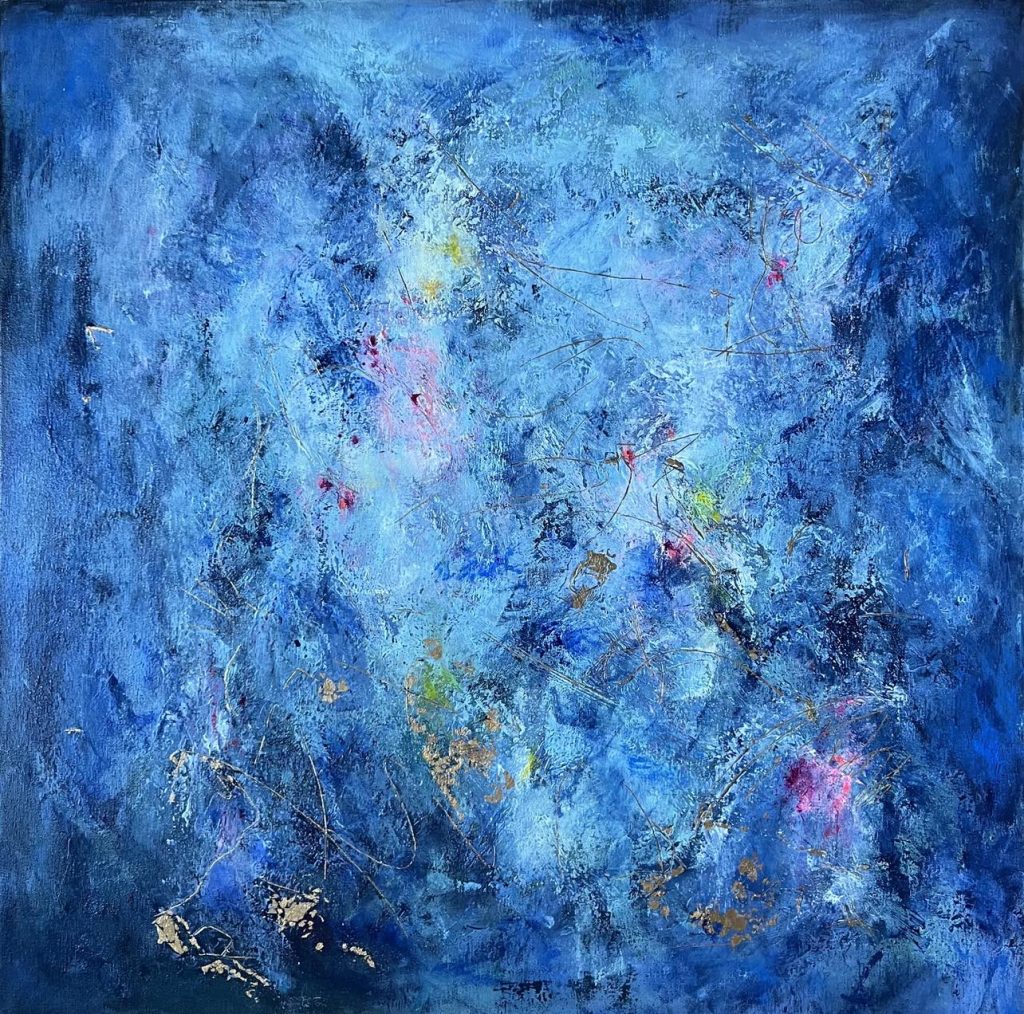 METAPHORS - THE NIGHT 2 A layered abstract painting in blue with yellow and pink accents. Calm yet expressive, it blends emotion with simplicity — a perfect balance for modern interiors. Worldwide shipping and easy returns. Ready to hang.