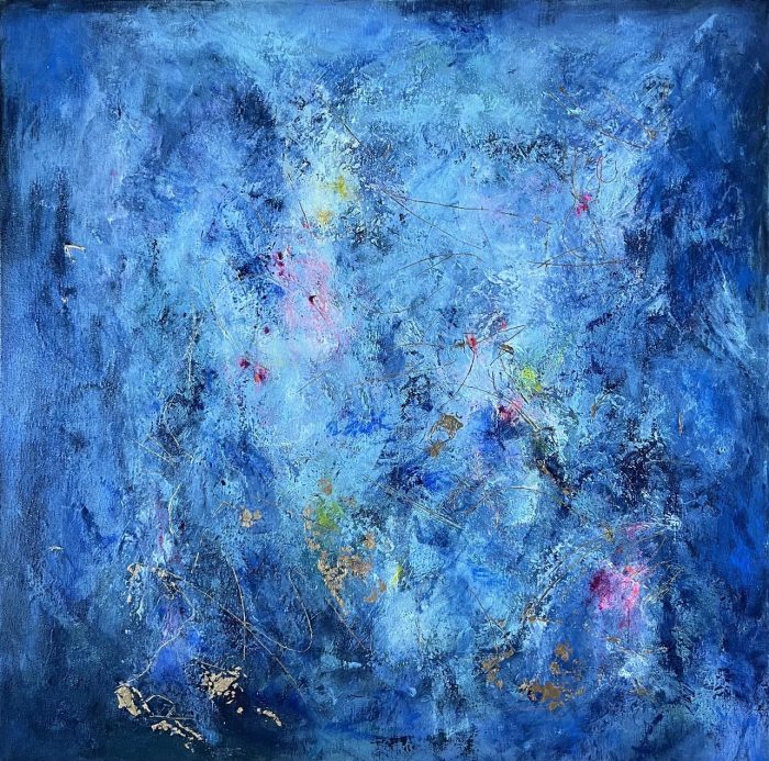 METAPHORS - THE NIGHT 2 A layered abstract painting in blue with yellow and pink accents. Calm yet expressive, it blends emotion with simplicity — a perfect balance for modern interiors. Worldwide shipping and easy returns. Ready to hang.