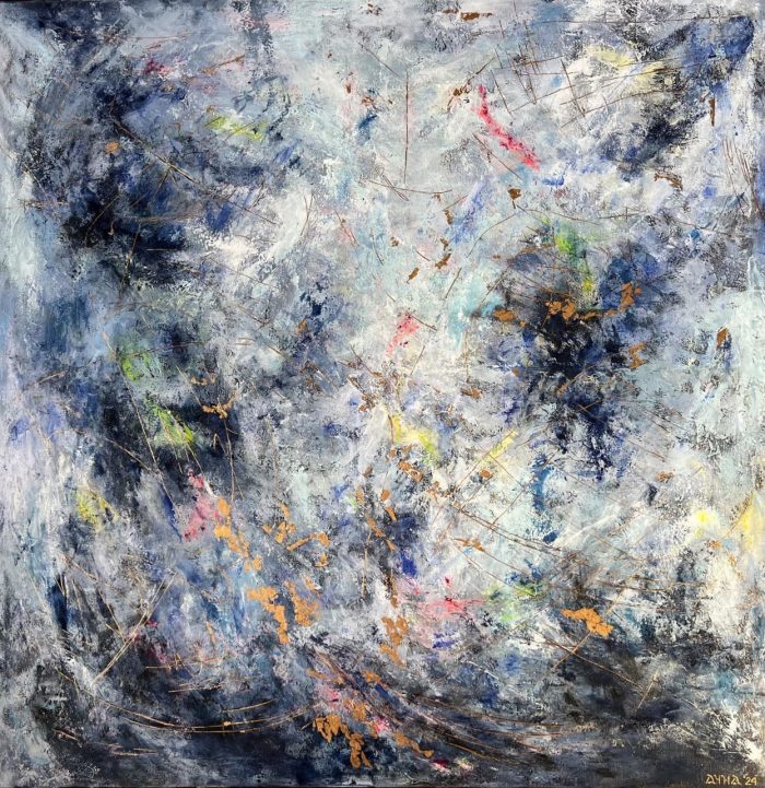 METAPHORS - THE NIGHT 3 (100 x100 cm) Original abstract painting in blue with yellow and pink accents, on a layered textured surface. Calm yet expressive, it blends emotion with simplicity — a perfect balance for modern interiors. Worldwide shipping and easy returns. Ready to hang.