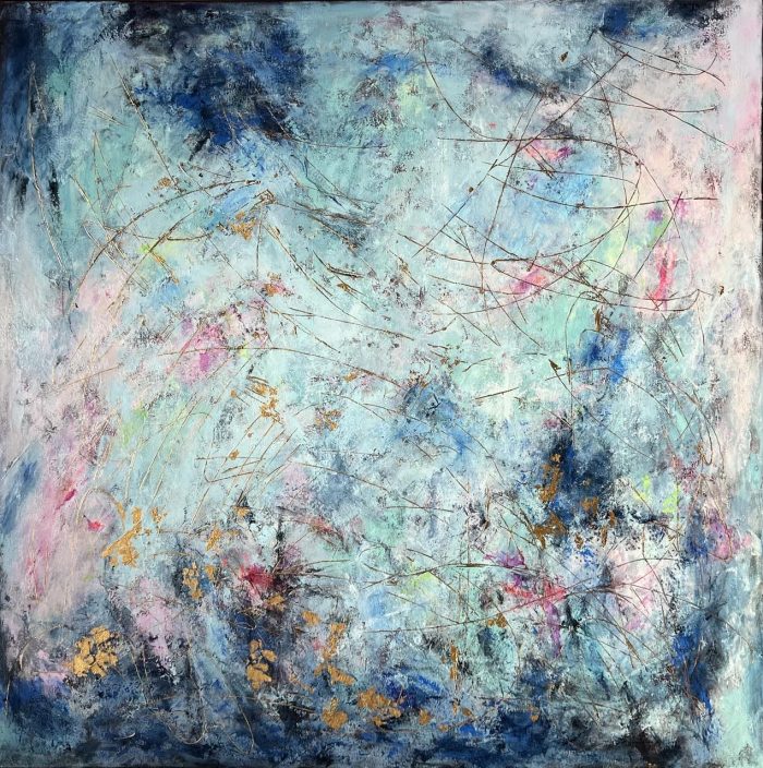 METAPHORS - THE NIGHT 4 - A layered abstract painting in blue with yellow and pink accents. Calm yet expressive, it blends emotion with simplicity — a perfect balance for modern interiors. Worldwide shipping and easy returns. Ready to hang.