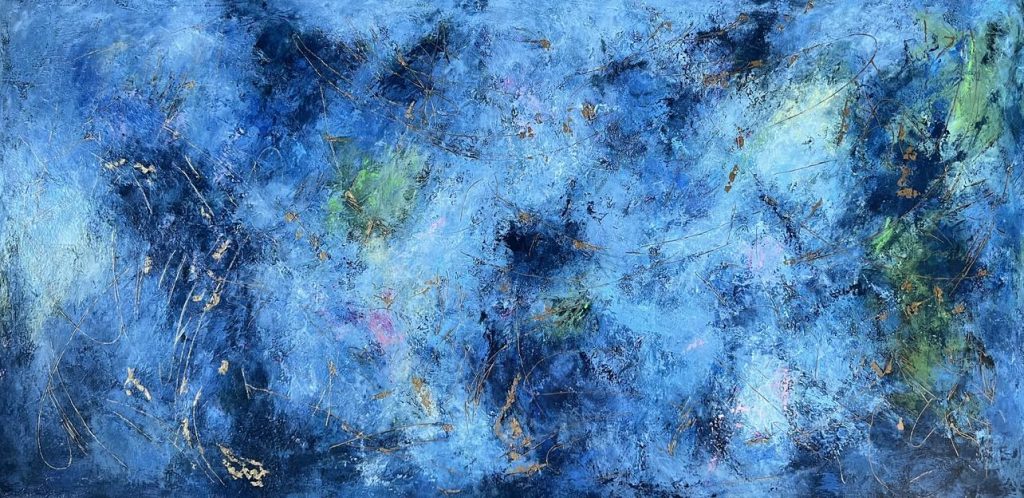 METAPHORES - THE NIGHT 5, 80x160cm - A layered abstract painting in blue with yellow and pink accents. Calm yet expressive, it blends emotion with simplicity — a perfect balance for modern interiors. Worldwide shipping and easy returns. Ready to hang.