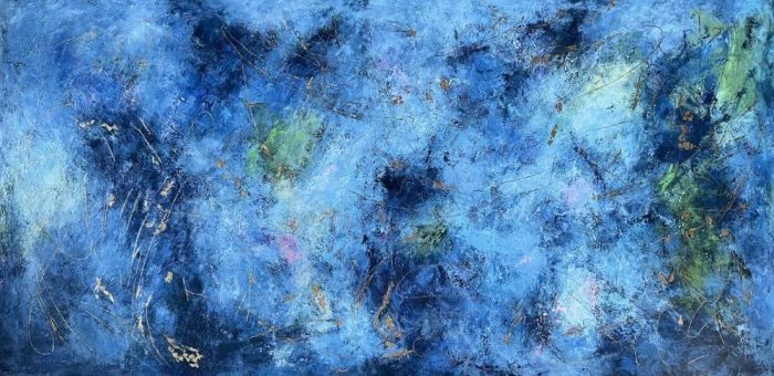 METAPHORES - THE NIGHT 5, 80x160cm - A layered abstract painting in blue with yellow and pink accents. Calm yet expressive, it blends emotion with simplicity — a perfect balance for modern interiors. Worldwide shipping and easy returns. Ready to hang.