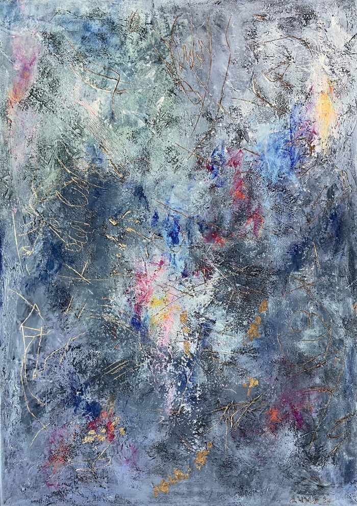 Neutral Abstract 1 – Original abstract acrylic painting with gold leaf and mixed media on canvas, 70×50 cm. Features layered neutral tones, textured strokes, and shimmering golden accents that change with light. Hand-signed artwork, ready to hang.