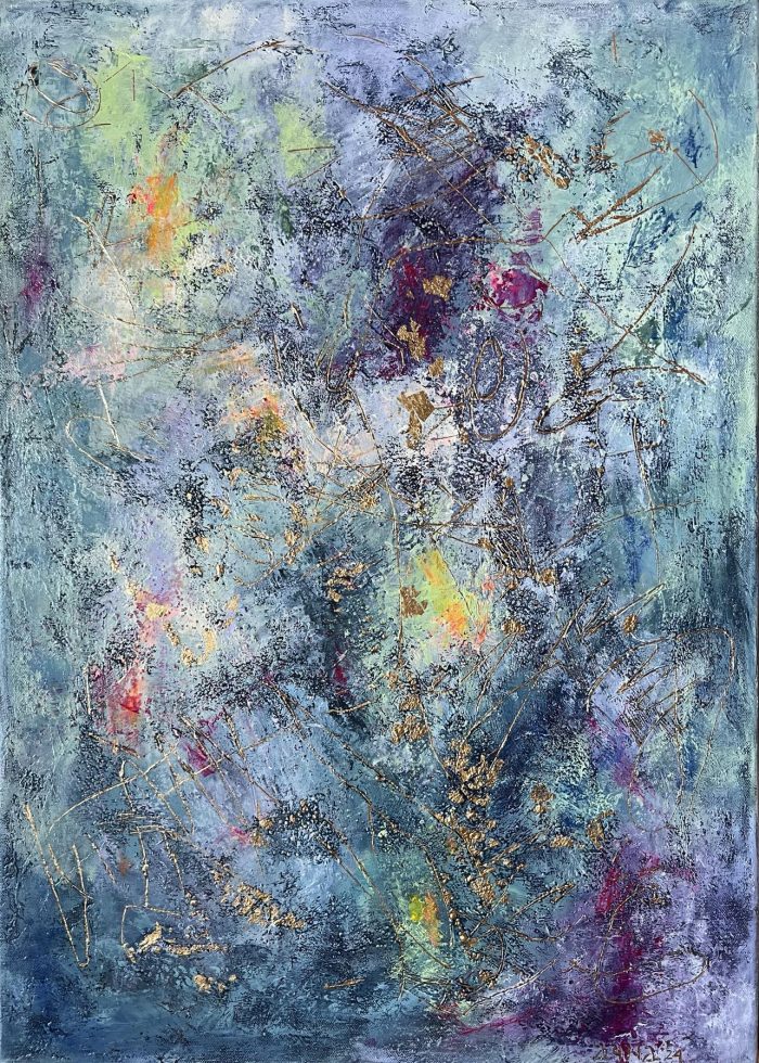 Neutral Abstract 2 – Original abstract acrylic painting with gold leaf and mixed media on canvas, 70×50 cm. Features layered neutral tones, textured strokes, and shimmering golden accents that change with light. Hand-signed artwork, ready to hang.