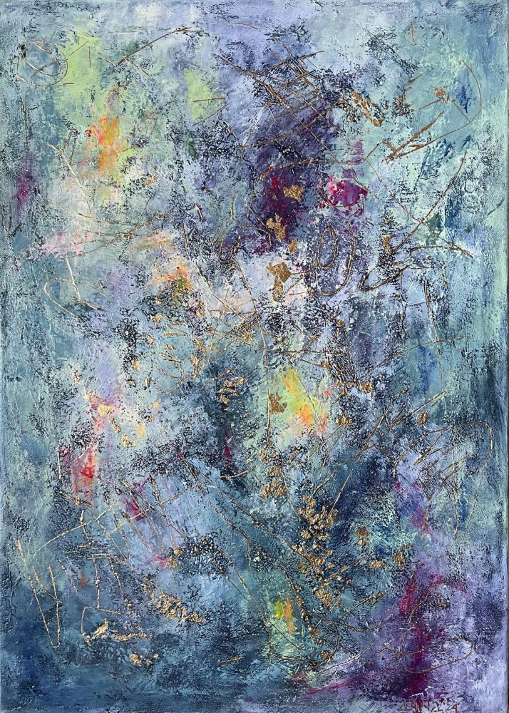 Neutral Abstract 2 – Original abstract acrylic painting with gold leaf and mixed media on canvas, 70×50 cm. Features layered neutral tones, textured strokes, and shimmering golden accents that change with light. Hand-signed artwork, ready to hang.