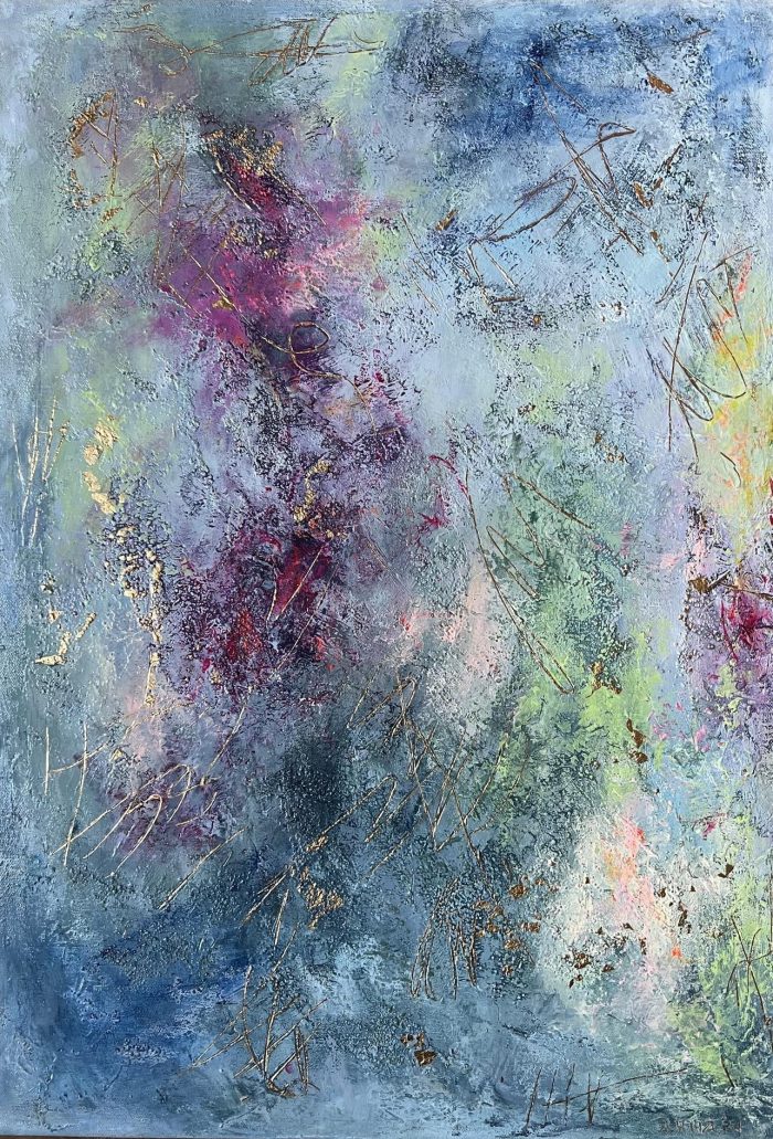 Neutral Abstract 3 – Original abstract acrylic painting with gold leaf and mixed media on canvas, 70×50 cm. Features layered neutral tones, textured strokes, and shimmering golden accents that shift with light. Hand-signed artwork, ready to hang.