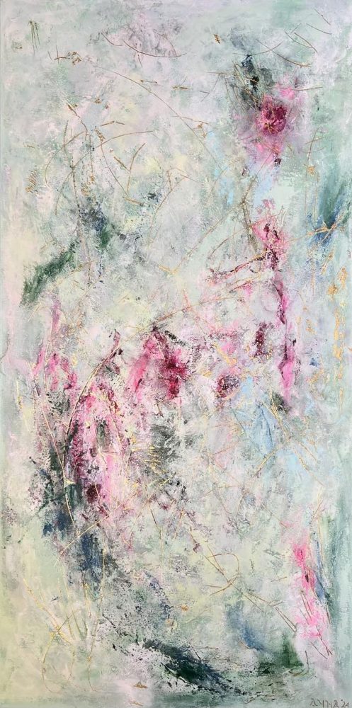 Original abstract acrylic painting SUMMER DREAM 1 featuring soft pastel tones, pink and green accents, layered textures, and shimmering gold leaf details on a 100 x 50 cm gallery canvas.