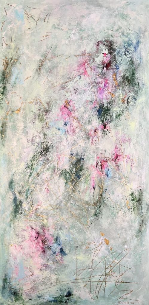 Original abstract acrylic painting SUMMER DREAM 2 featuring soft pastel tones, pink and green accents, layered textures, and shimmering gold paper details on a 100 x 50 cm gallery canvas. Calm yet expressive, it blends emotion with simplicity — a perfect balance for modern interiors. Worldwide shipping and easy returns. Ready to hang.