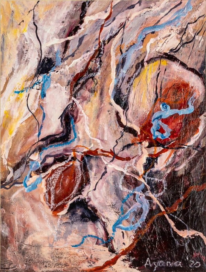 February Feeling 1 - Original abstract mixed media painting featuring layered textures, expressive brushstrokes, and soft tones in pink, beige, and green. Created with acrylic, oil pastels, and mixed media on paper, framed under glass with passe-partout, size 45 x 35 cm.