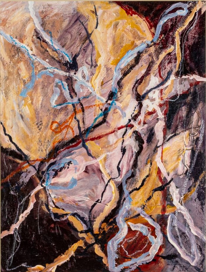 February Feeling 2 - Original abstract mixed media painting featuring layered textures, expressive brushstrokes, and soft tones in pink, beige, and green. Created with acrylic, oil pastels, and mixed media on paper, framed under glass with passe-partout, size 45 x 35 cm.