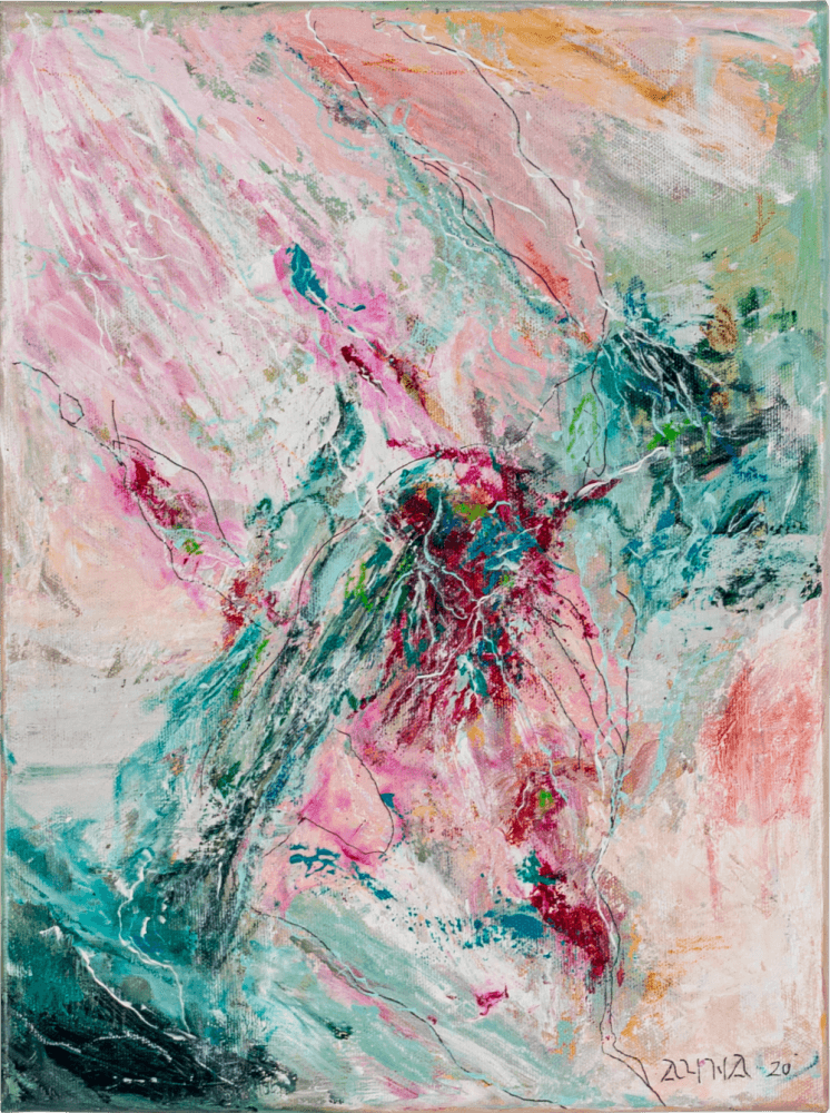 Movement in Pink” – Small abstract painting on canvas featuring dynamic pink tones with layered textures. Created using acrylic, oil pastels, and mixed media, the composition conveys fluidity and energy through expressive strokes.