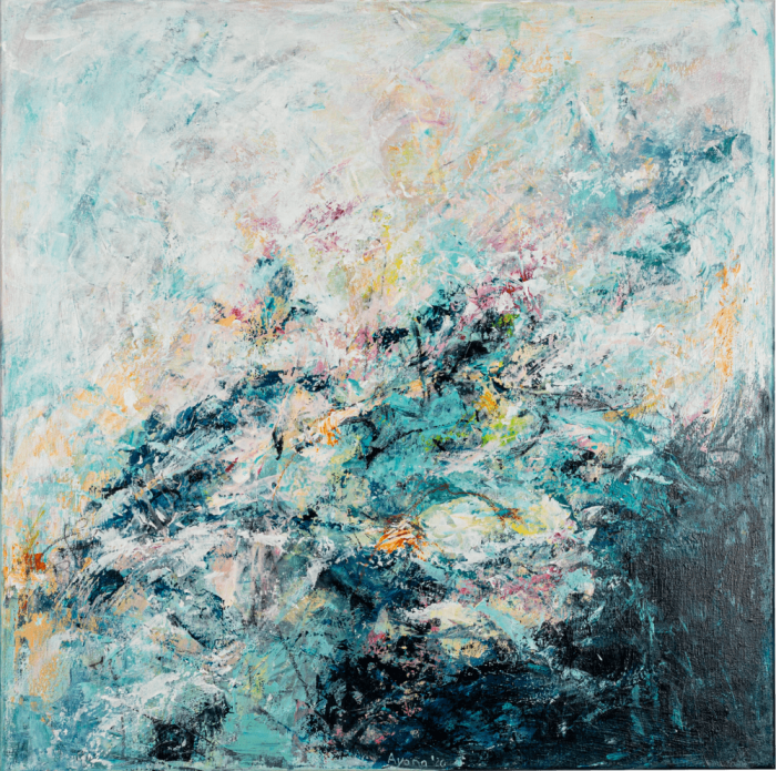 Never ending Story – A layerd abstract painting in green, turquoise and blue with orange accents. Calm yet expressive, it blends emotion with simplicity — a perfect balance for modern interiors. Worldwide shipping and easy returns. Ready to hang.