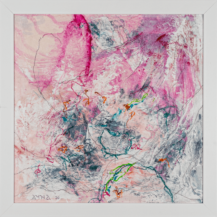 Pink Possibilities” – Original abstract artwork (2020), 40 × 40 cm, framed in a white painted wooden frame (3 cm width). Created with acrylic, oil pastels, and mixed media on paper. Features vibrant pink tones with layered textures and expressive strokes. Hand-signed on front and back. Ready to hang; secure worldwide shipping available.