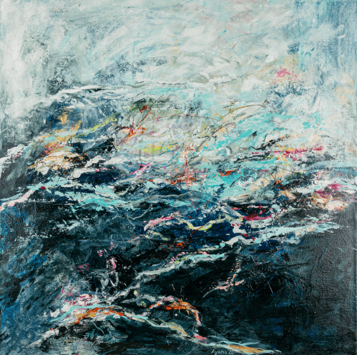 “Shifted Perspective” – Abstract painting on canvas, 65 × 65 cm. Features layered textures and dynamic brushstrokes in contrasting tones, created with acrylic, oil pastels, and mixed media. Contemporary design with a sense of depth and movement.