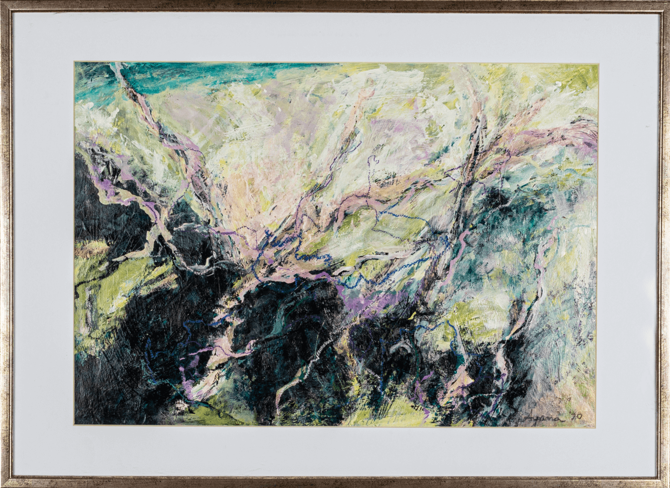 “Trees Under The Storm” 45x62 cm. A layered abstract painting in soft greens, blues, and pink. Calm yet expressive, it blends emotion with simplicity — a perfect balance for modern interiors. Worldwide shipping and easy returns. Ready to hang.