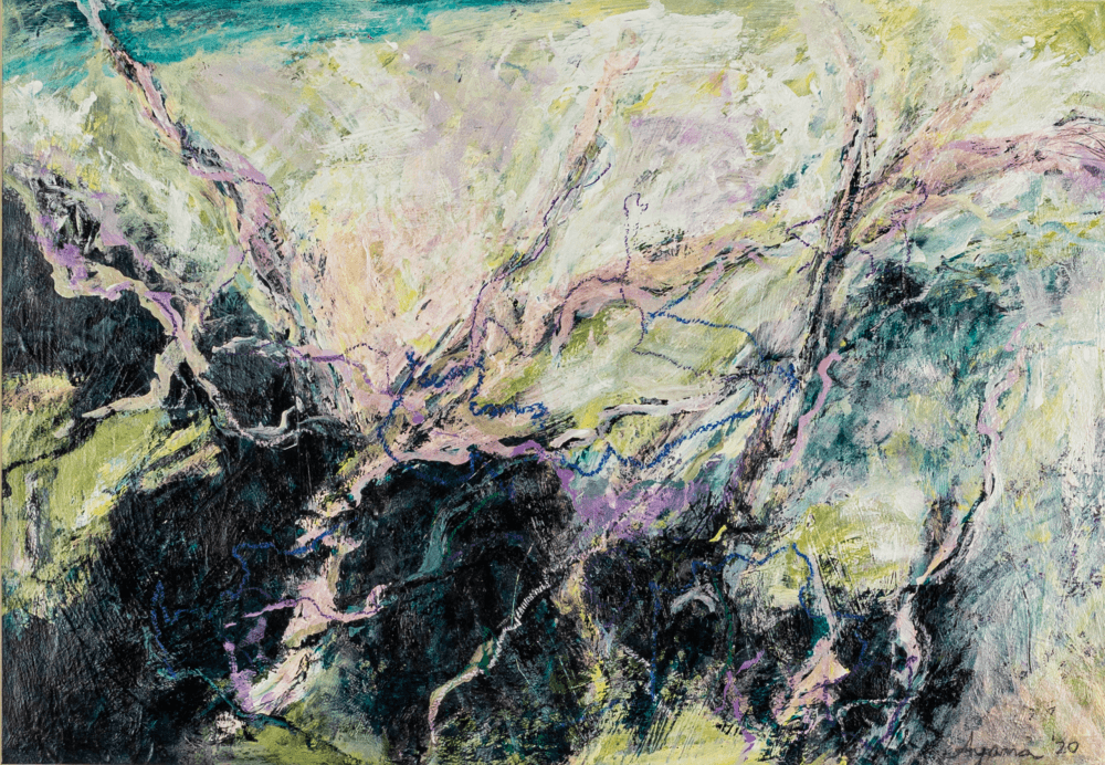 “Trees Under The Storm” 45x62 cm. A layered abstract painting in soft greens, blues, and pink. Calm yet expressive, it blends emotion with simplicity — a perfect balance for modern interiors. Worldwide shipping and easy returns. Ready to hang.