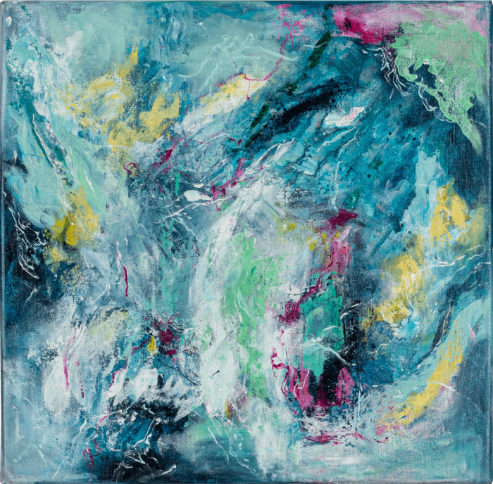 WISH YOU WERE HERE - Abstract painting on canvas, 40 × 40 cm, created with acrylic, oil pastels, and mixed media. Unframed (optional framing available). Hand-signed with handwritten logo on the back. Ready for secure worldwide shipping with returns accepted and dedicated customer support.