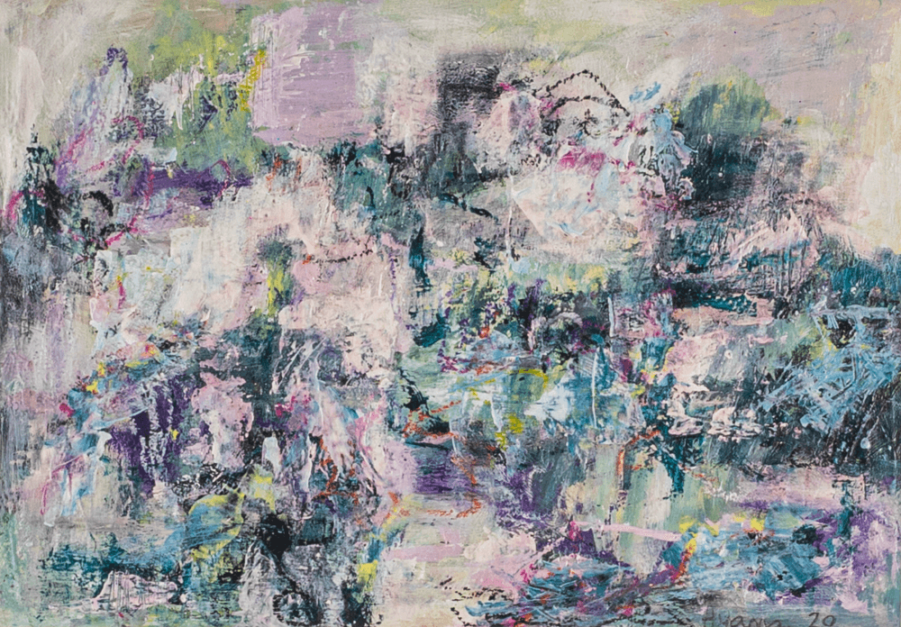 WALKING THE PATH A layered abstract painting in light green and violet, highly textured. Calm yet expressive, it blends emotion with simplicity — a perfect balance for modern interiors. Worldwide shipping and easy returns. Framing required.
