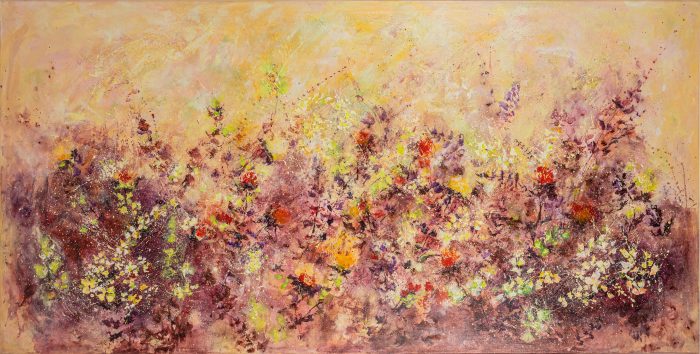 Roses of The Fall, 80x160cm - A large abstract floral painting inspired by autumn colors — layered textures, joyful energy, and a magical atmosphere that fills your space with warmth and vitality. Worldwide shipping and easy returns. Ready to hang.