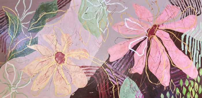 Magical Flowers - Large floral abstract painting with layered colors, expressive brushstrokes, and copper paper details. A unique, modern artwork full of charm and radiant energy. Worldwide shipping and easy returns. Ready to hang.