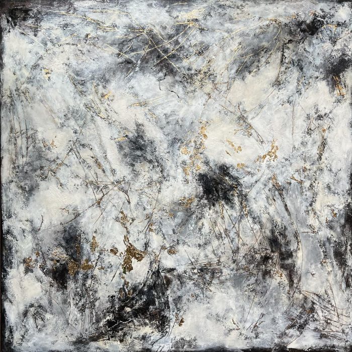 Light and Shapes 1 100x100cm A layered painting in white, black, and gold paper. Calm yet expressive, it blends emotion with simplicity — a perfect balance for modern interiors. Worldwide shipping and easy returns. Ready to hang.