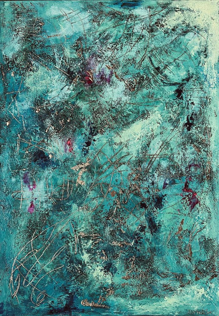 ALWAYS BE LOVE 70 x 50 cm - A layered abstract painting in green and turquoise with yellow and pink accents. Calm yet expressive, it blends emotion with simplicity — a perfect balance for modern interiors. Worldwide shipping and easy returns. Ready to hang.