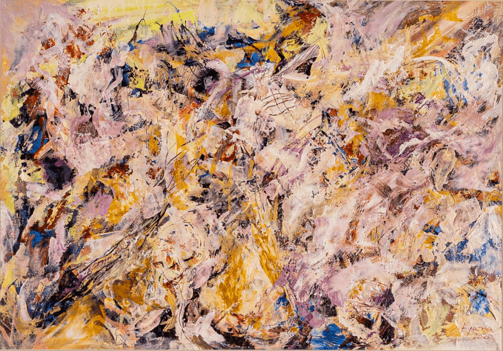 Original abstract acrylic painting titled Abstract Landscape in February, featuring vibrant brushstrokes and marks in soft pink and yellow, multiple layers, textured surphace. Mixed media om paper, framed under glass with white pass-partout