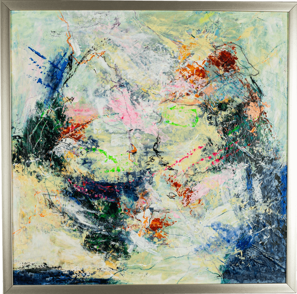 “Dust Over My Soul” is an original abstract acrylic painting that captures emotion and movement through expressive, layered brushstrokes Set against a textured background of dark and soft green, this piece explores contrast and depth — a visual dialogue between light and shadow. Created with mixed media on cardboard (53 × 53 cm), the work is framed and ready to display. Its vibrant composition brings both intensity and calm to any contemporary space.