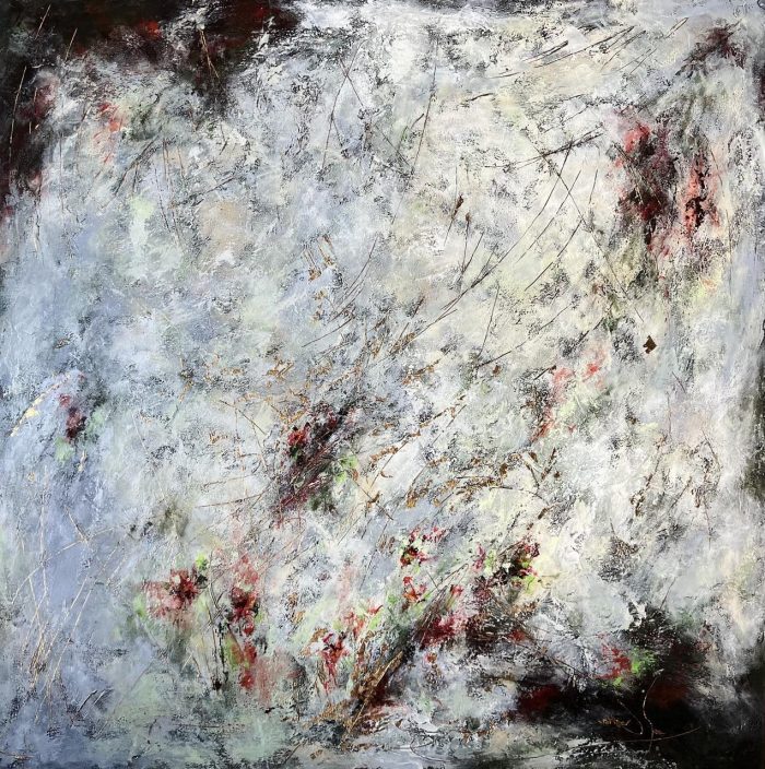 FROZEN ROSES 100x100cm A layered painting in white, black, and gold paperwith green and red accents. Calm yet expressive, it blends emotion with simplicity — a perfect balance for modern interiors. Worldwide shipping and easy returns. Ready to hang.