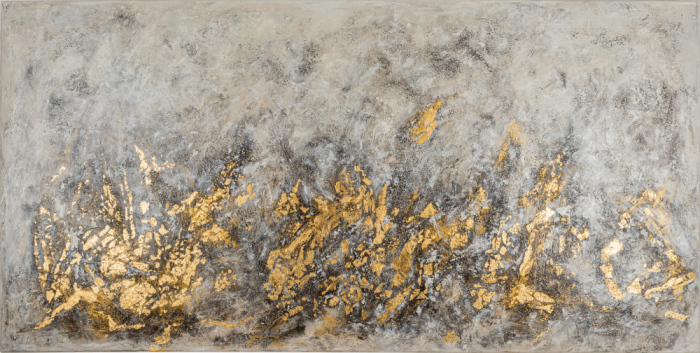 Flames of Darkness, 80x160 cm - Abstract painting (100x100 cm), exploring texture and contrast. Expressive brushwork, layered surfaces, and gold paper create a vibrant, modern statement piece. Worldwide shipping and easy returns. Ready to hang.