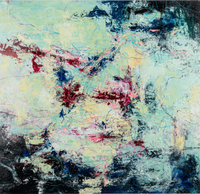 “Inner Landscape “(73x76 cm), Abstract painting from summer 2020 — layers, bold colors, and expressive movement capturing freedom and light. A vibrant reflection of creative energy. Mixed media on cardboard, framed, its vibrant composition brings both intensity and calm to any contemporary space.