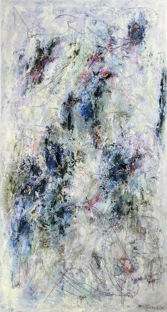 Longing For You In My Dreams 1, 110 x 60 cm Large abstract painting soft green, dark blue, bright pink and gold. Textured layers, expressive marks, and gold accents create a dynamic modern artwork full of depth and energy. Worldwide shipping and easy returns. Ready to hang.