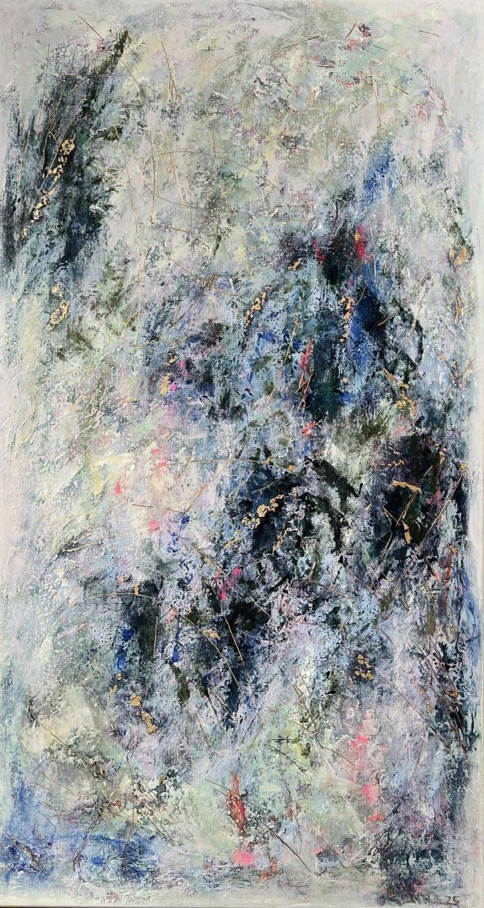 Longing For You In My Dreams 2, 110 x 60 cm Large abstract painting soft green, dark blue, bright pink and gold. Textured layers, expressive marks, and gold accents create a dynamic modern artwork full of depth and energy. Worldwide shipping and easy returns. Ready to hang.