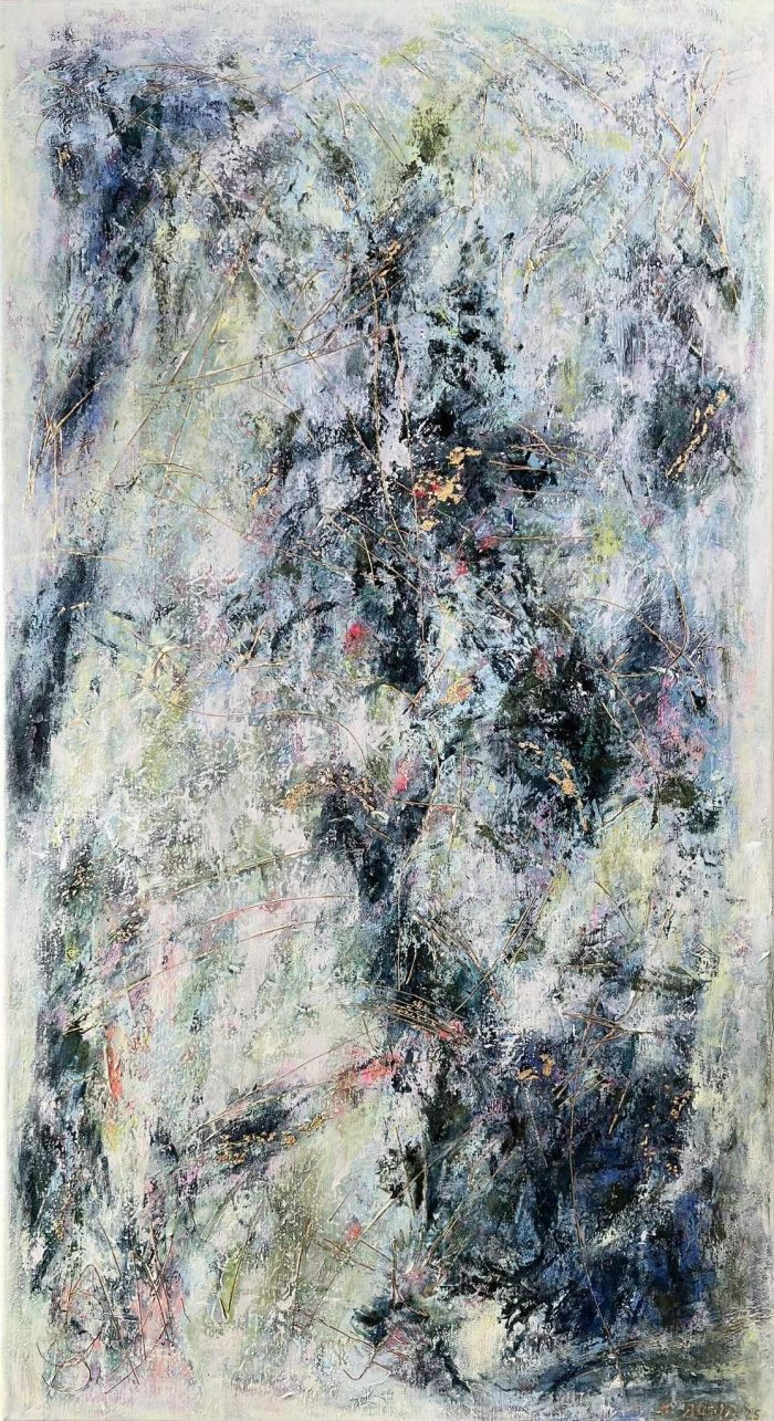 Longing For You In My Dreams 3, 110 x 60 cm Large abstract painting soft green, dark blue, bright pink and gold. Textured layers, expressive marks, and gold accents create a dynamic modern artwork full of depth and energy. Worldwide shipping and easy returns. Ready to hang.