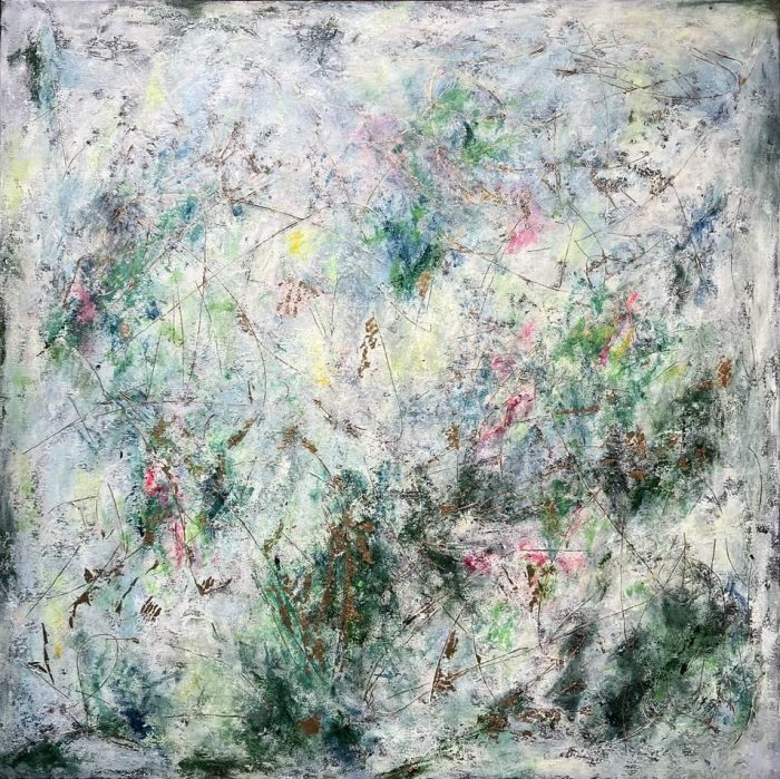 METAPHORS - GARDEN IN SPRING 100x100 cm Original abstract acrylic painting with gold leaf and mixed media on canvas. Features layered neutral tones and green textured strokes, and shimmering golden accents that change with light. Hand-signed artwork, ready to hang.