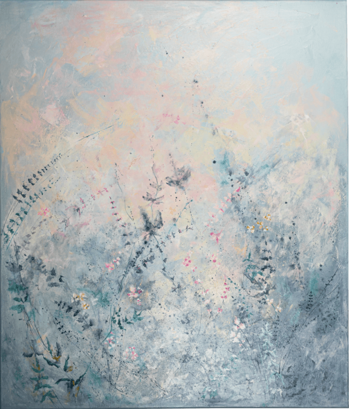 SILVER GARDEN I, 120x100 A large, vibrant abstract floral painting expressing the joy of life and the beauty of nature. Layers, drips, and soft textures create a magical, uplifting atmosphere. Worldwide shipping and easy returns. Ready to hang.