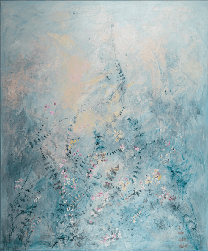 SILVER GARDEN 2, 120x100 A large, vibrant abstract floral painting expressing the joy of life and the beauty of nature. Layers, drips, and soft textures create a magical, uplifting atmosphere. Worldwide shipping and easy returns. Ready to hang.