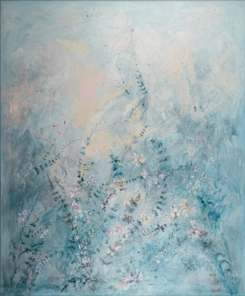 SILVER GARDEN 2, 120x100 A large, vibrant abstract floral painting expressing the joy of life and the beauty of nature. Layers, drips, and soft textures create a magical, uplifting atmosphere. Worldwide shipping and easy returns. Ready to hang.