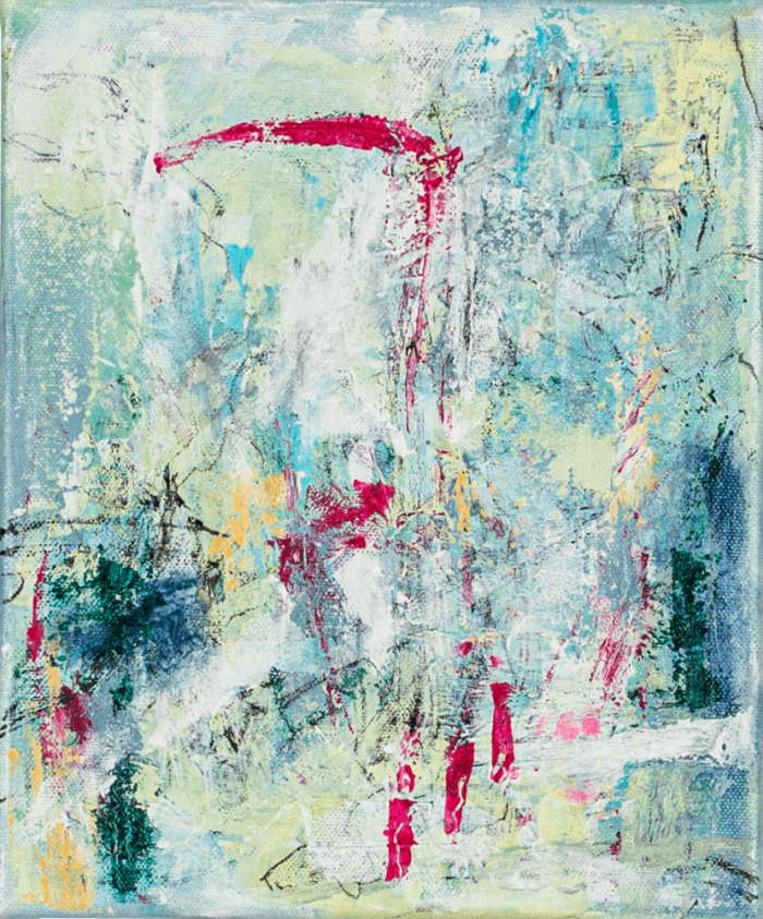 SMALL ABSTRACT 1, 30x25cm is an original abstract acrylic painting with vibrant pink, yellow, and turquoise tones. Hand-signed, ready to hang, worldwide shipping.