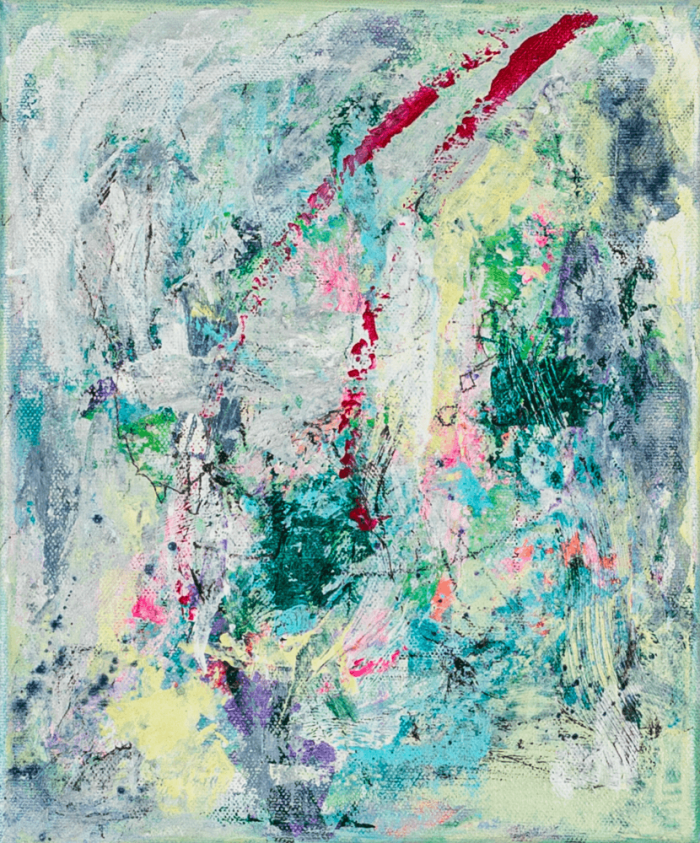 SMALL ABSTRACT 2, 30x25cm is an original abstract acrylic painting with vibrant pink, yellow, and turquoise tones. Hand-signed, ready to hang, worldwide shipping.