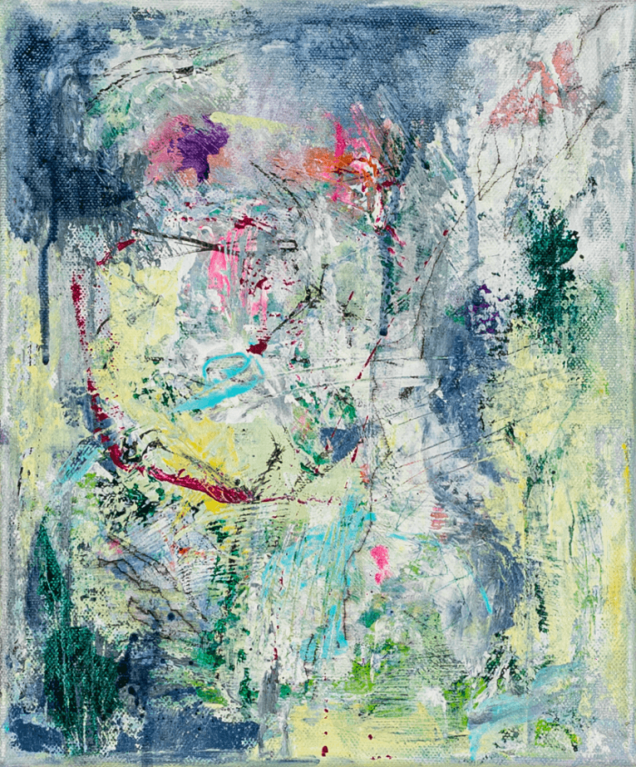 SMALL ABSTRACT 3, 30x25cm is an original abstract acrylic painting with vibrant pink, yellow, and turquoise tones. Hand-signed, ready to hang, worldwide shipping.