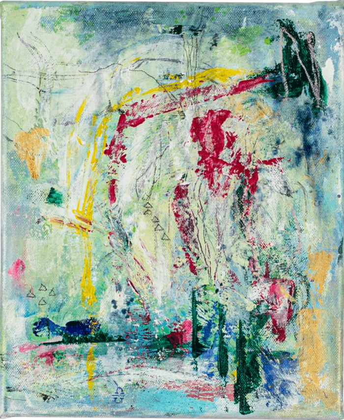 SMALL ABSTRACT 4, 30x25cm is an original abstract acrylic painting with vibrant pink, yellow, and turquoise tones. Hand-signed, ready to hang, worldwide shipping.