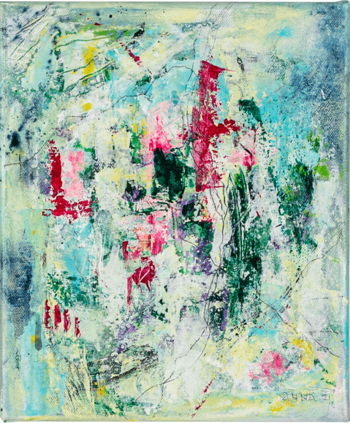 SMALL ABSTRACT 5, 30x25cm is an original abstract acrylic painting with vibrant pink, yellow, and turquoise tones. Hand-signed, ready to hang, worldwide shipping.