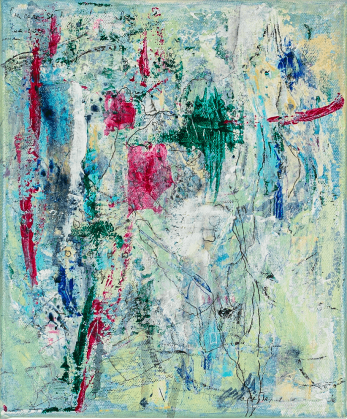 SMALL ABSTRACT 6, 30x25cm is an original abstract acrylic painting with vibrant pink, yellow, and turquoise tones. Hand-signed, ready to hang, worldwide shipping.