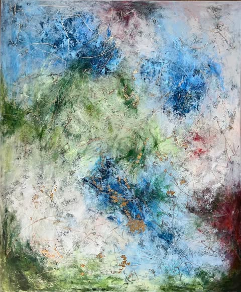 SWEET DREAMS FROM THE PAST 1,120x100cm Original abstract acrylic painting with gold paper and mixed media on canvas. Features layered vibrant tones of green, blue and magenta, textured strokes, and shimmering golden accents that change with light. Hand-signed artwork, ready to hang.